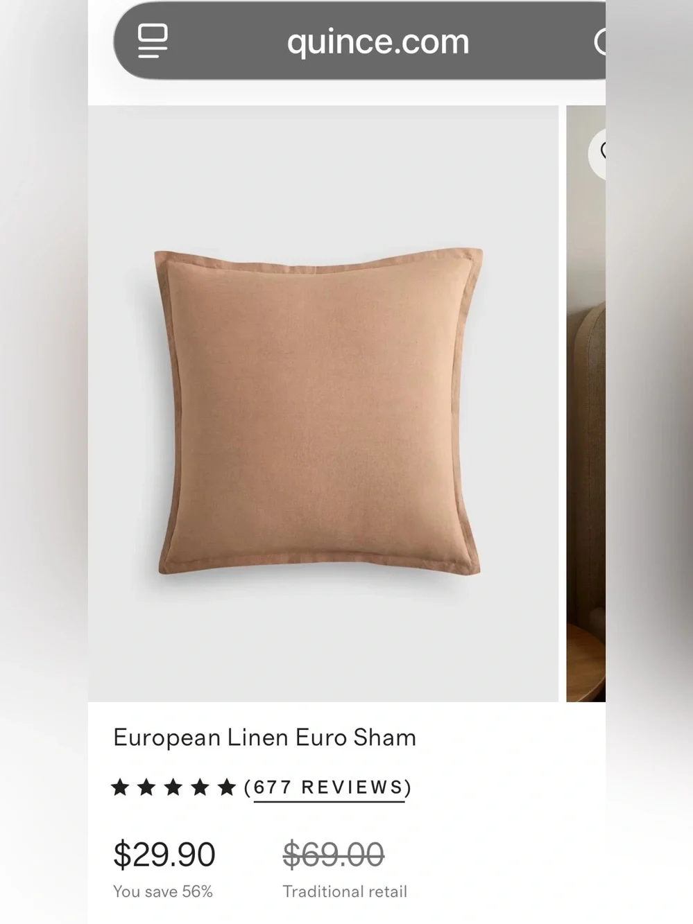 NWOT Quince European Linen Euro Sham, 26 X 26 (Latte) *2 available
